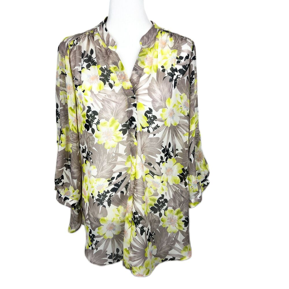 Wallis Blouse Women Large Grey Yellow Floral All Over Print Long Sleeve Henley